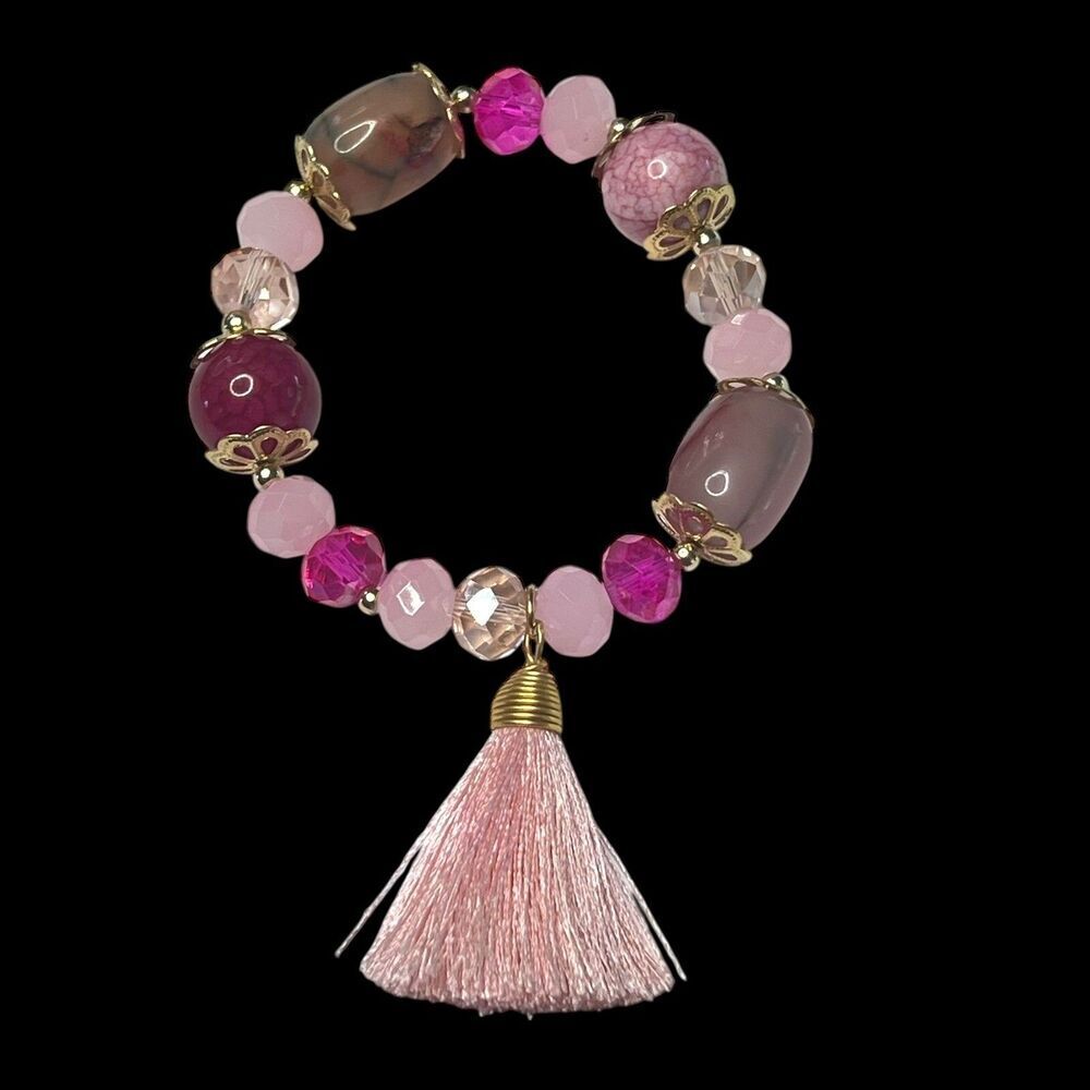 Natural Stone Beaded Bracelet Pink‎ Tassel Charm Stretch Bracelet Jewelry Women